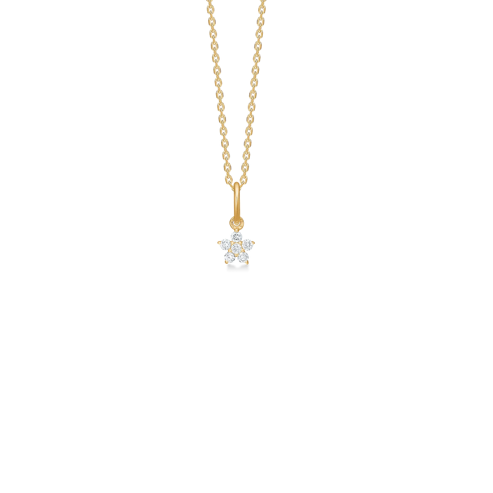 Gold necklace with flower pendant and small clear stones, front view