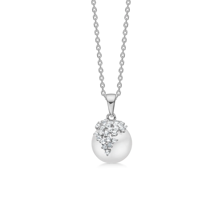 Necklace with white pearl and silver pendant decorated with small clear stones, front