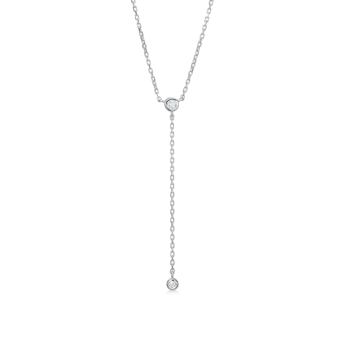 Silver necklace with two round diamonds, y-shaped design, face, elegant jewelry for women