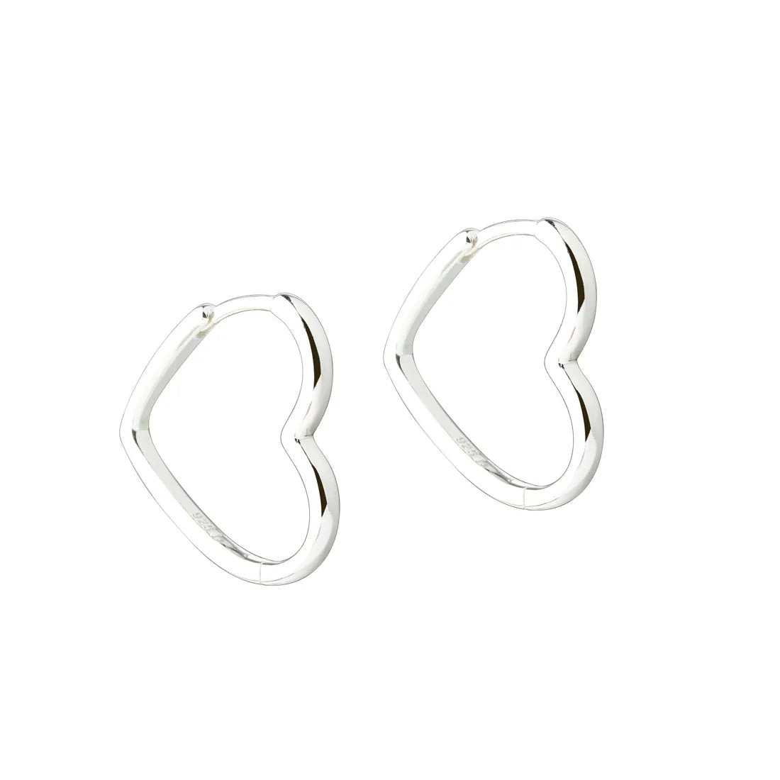 Silver heart shaped creole earrings, front view, polished surface, elegant design