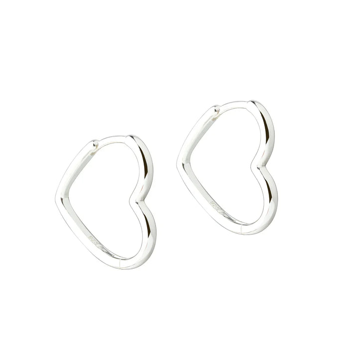 Silver heart shaped creole earrings, front view, polished surface, elegant design