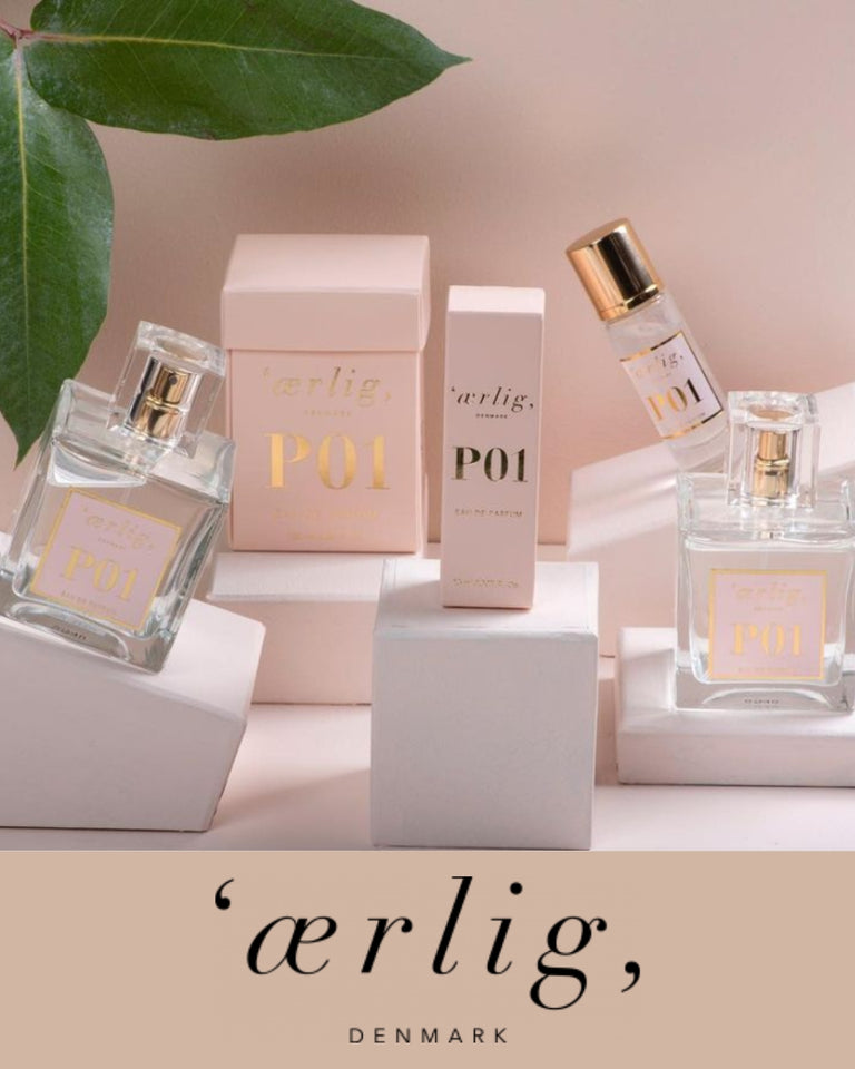 ærlìg P01 parfume, forside med flakon og æske i lyserødt design. Model P01.