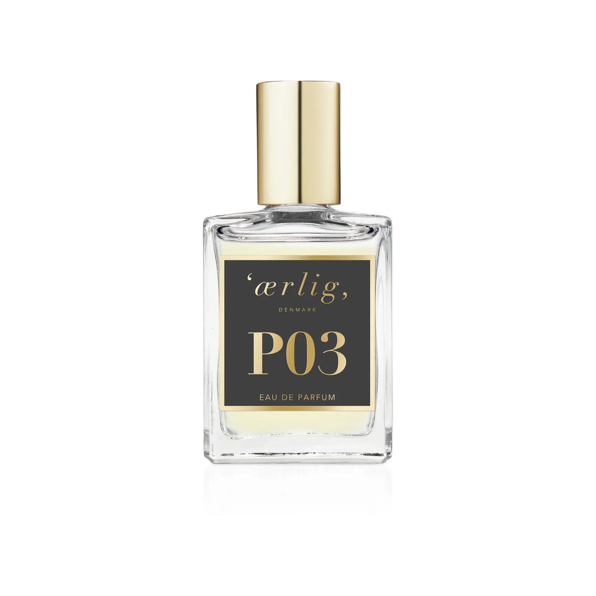 ærlig eau de parfum P03 15ml, clear square bottle with golden lid, Model P03-15ml-p3-t-1