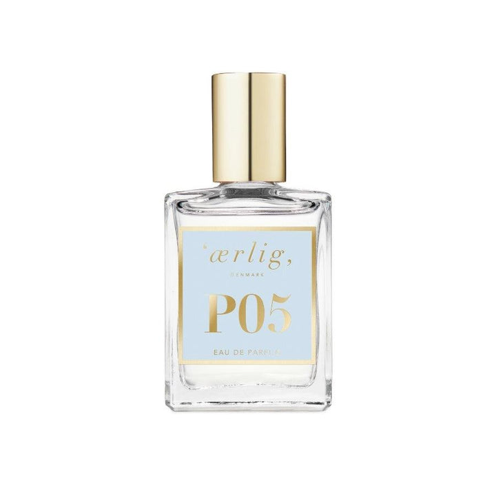 ærlig eau de parfum p05 15ml shows an elegant, square perfume with golden cap and light blue label. Model P05-T-1