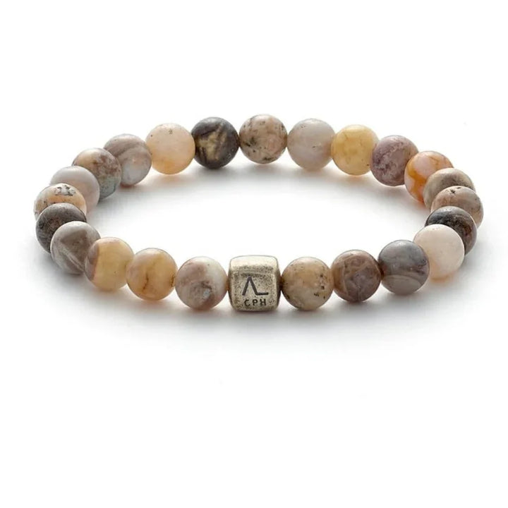 Alexander Lynggaard Bracelet Bamboo Leaf Agate 8mm with brown and beige agate beads, silver detail. Model C00880-001.