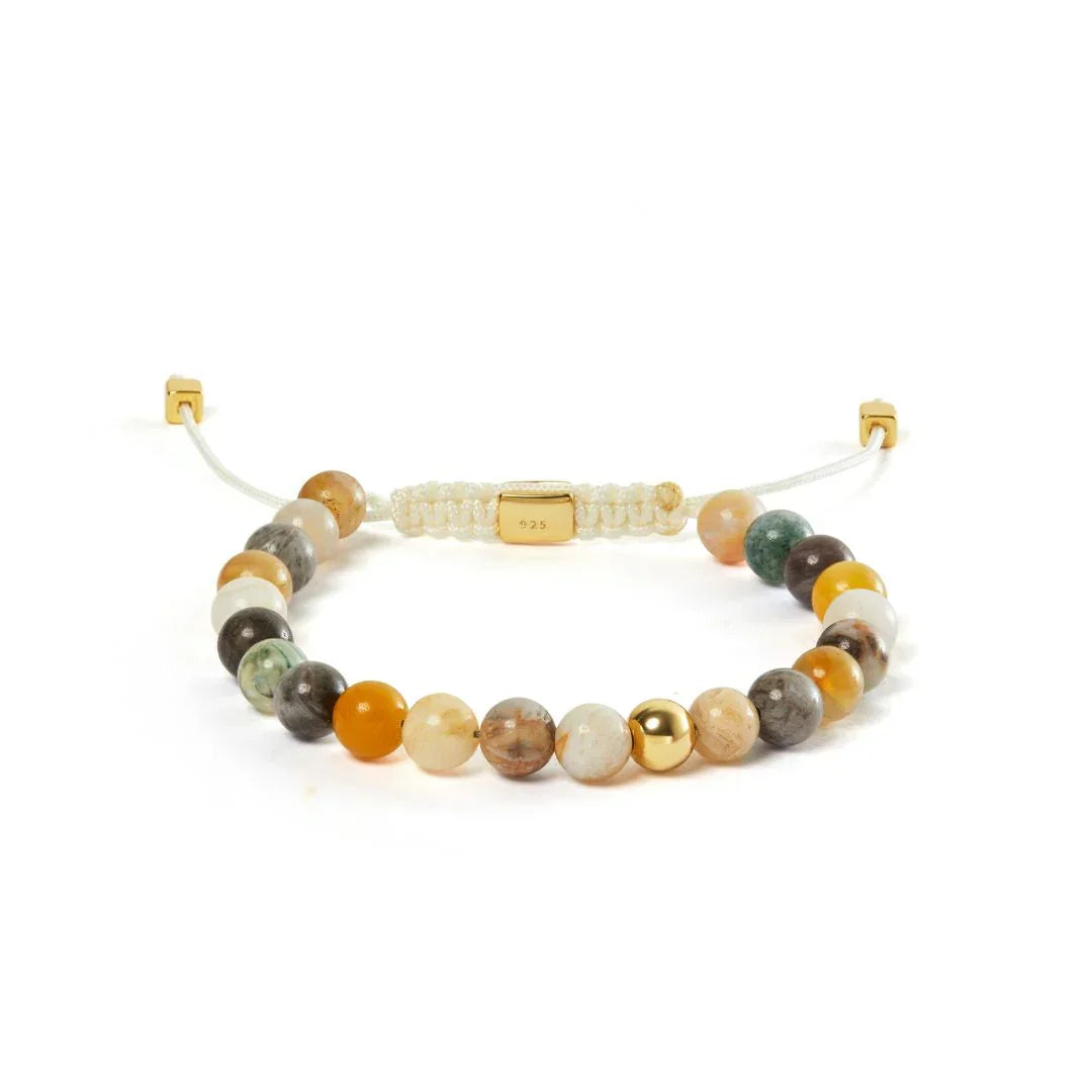 Alexander Lynggaard Bracelet Bamboo Leaf Agate Braided 6mm with colored agate beads and gold details on white string. Model B00172-1