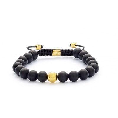 alexander-lynggaard-bracelet-onyx-matte-braided-8mm-b00083-001 elegant black bracelet with matte onyx beads, gold details and adjustable braid, Model B00083-001