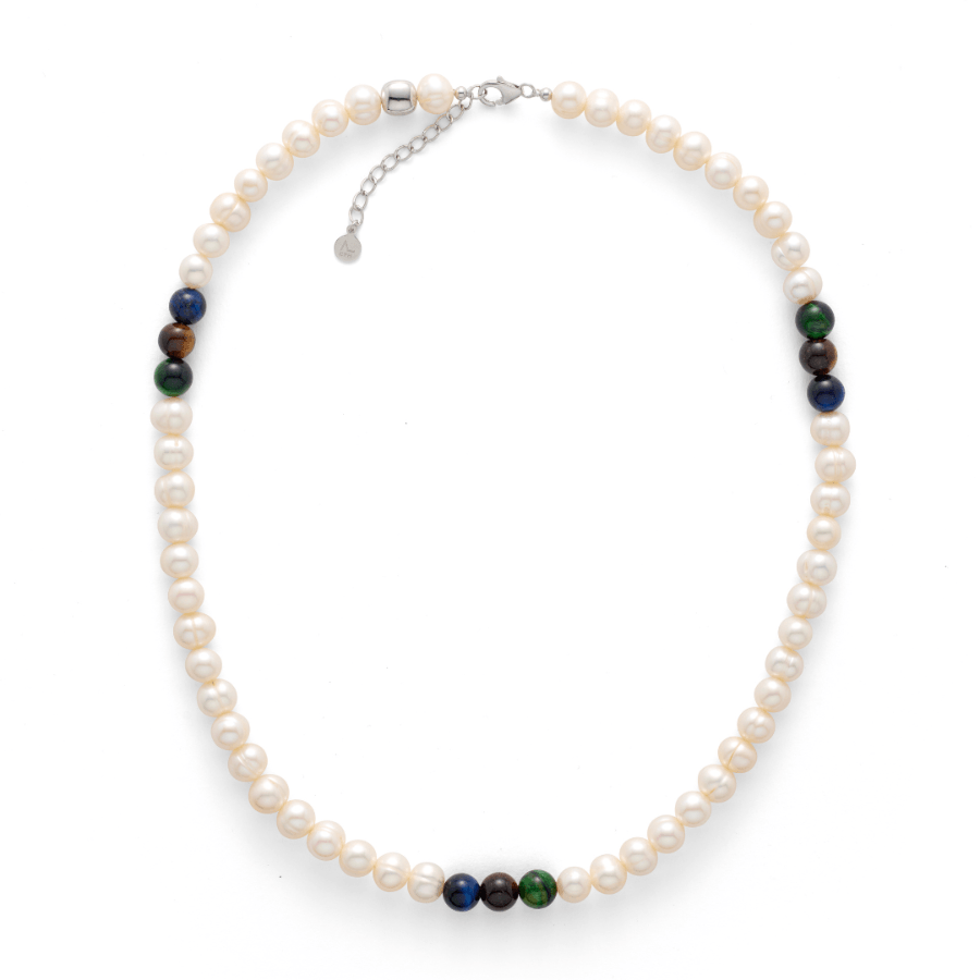Alexander Lynggaard Necklace Pearls and Tiger Eye with white pearls and colored stones, Model p00004-1.