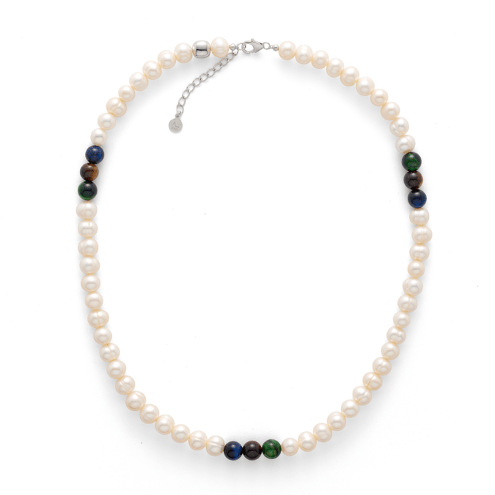 Alexander Lynggaard Necklace Pearls and Tiger Eye with white pearls and colored stones, Model p00004-1.