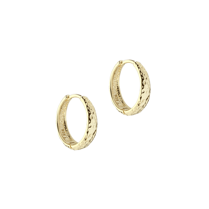 Aqua Dulce Cappa Medium Hoop in gold-plated silver, detail image of round earrings with hammered surface. Model 6238-1