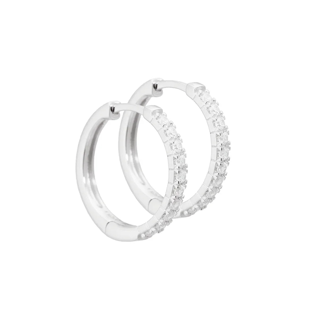 Aqua Dulce Darling Earrings 20 mm silver, front image of shiny hoops with small clear stones. Model 3826-3826-1