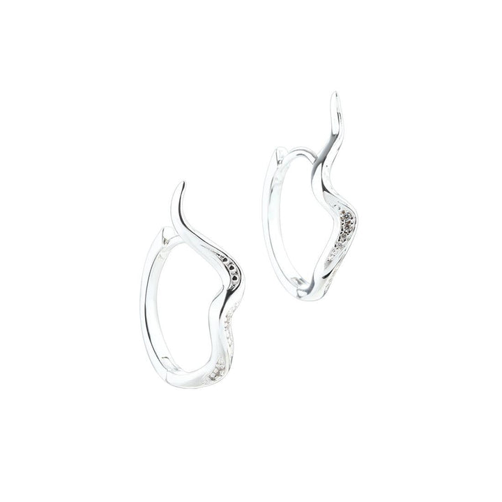Aqua Dulce Darling River Big Hoop silver earrings with wavy, organic design and small clear stones, Model 5997-5997-1.