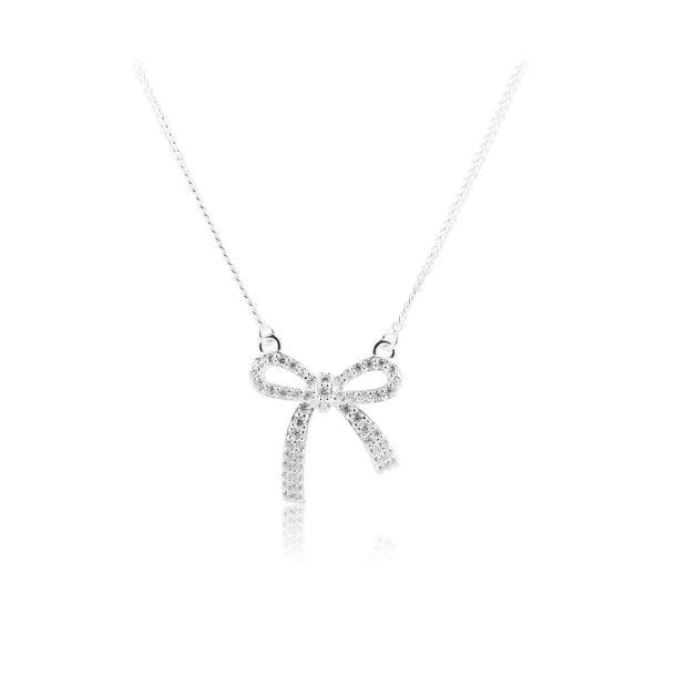 Aqua Dulce Elegant Bow Necklace Silver, simple chain with sparkling bow pendant in silver. Model 5816-1