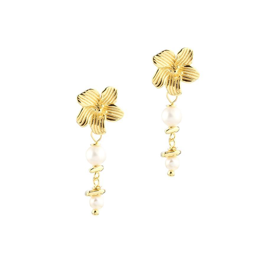 Aqua Dulce Jasmin Pearl Stud Earrings Gold Plated shows elegant, gold colored flower earrings with white pearls. Model 5890-5890-1