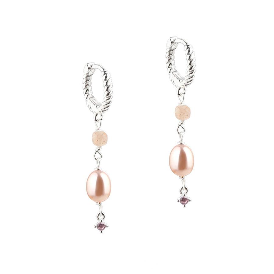 Aqua Dulce Koi Rose Hoop Silver earrings with twisted silver design, peach pearl and small pink stone. Model 5630-1.