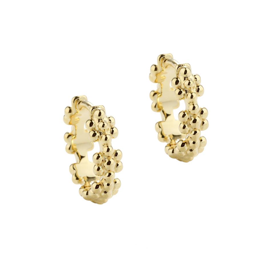 Aqua Dulce Lots of Flowers Hoop Gold Plated 13mm shows two gold plated hoops with flower structure on a white background. Model 5706-1.