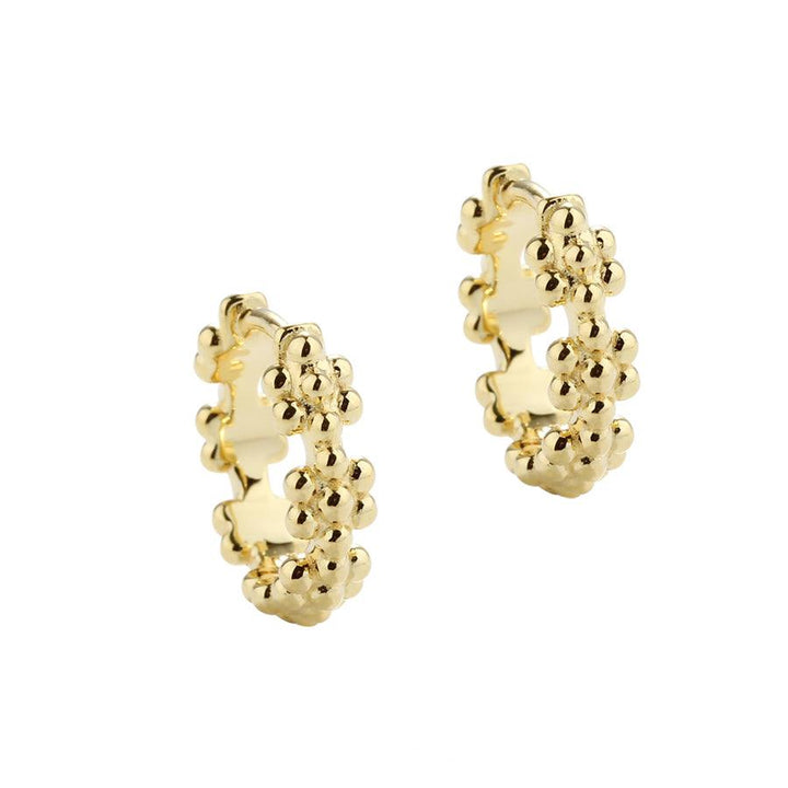 Aqua Dulce Lots of Flowers Hoop Gold Plated 13mm shows two gold plated hoops with flower structure on a white background. Model 5706-1.
