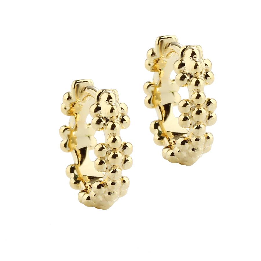 Aqua Dulce Lots of Flowers Hoop Gold plated 15mm, shiny gold plated earrings with flower pattern. Model 5708-1