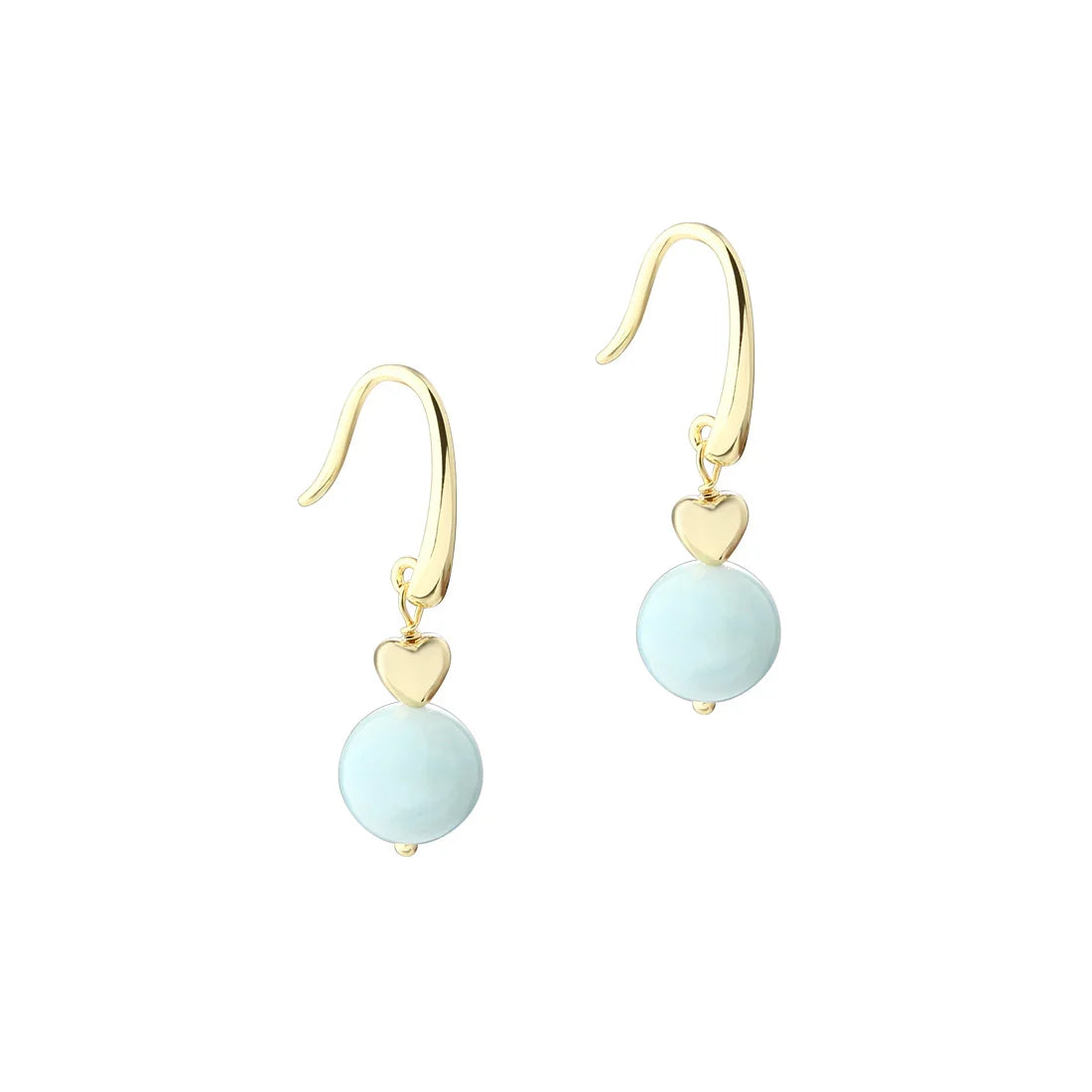 aqua-dulce-morganite-dream-earhook-in-gold-plated-sol shows a set of earhooks with light blue stone and heart-shaped detail, Model 6335-1.
