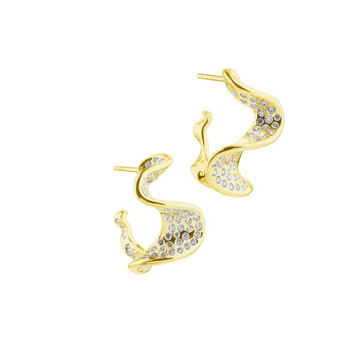 Aqua Dulce Rhumba Darling Hoop Gold-plated earrings with twisted, organic shape and clear stones, Model 6002-6002-1.