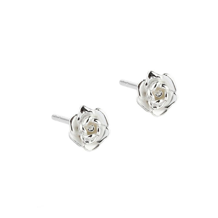 Aqua Dulce Rose earrings in silver with shiny rose sculpture, photographed on a white background. Model 5693-1