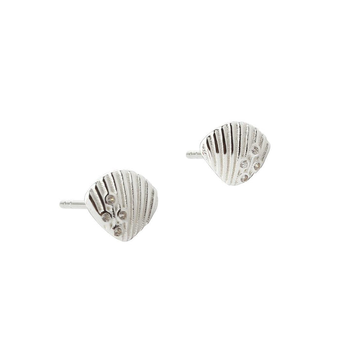 Aqua Dulce Shelly Medium Earrings in silver show two earrings shaped like seashells with small clear stones. Model 6199-1