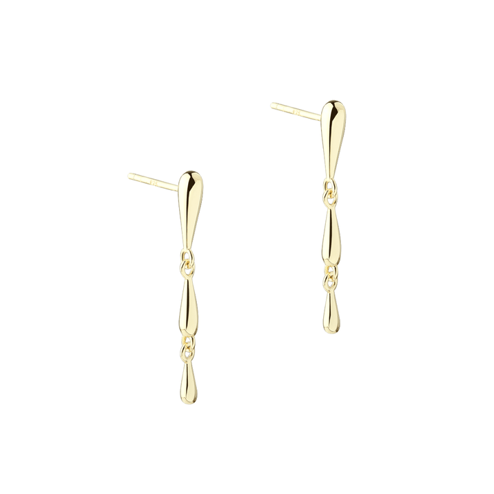 Aqua Dulce Shiny Drop long earrings in gold-plated silver, elegant design with three shiny drops. Model 6176-1