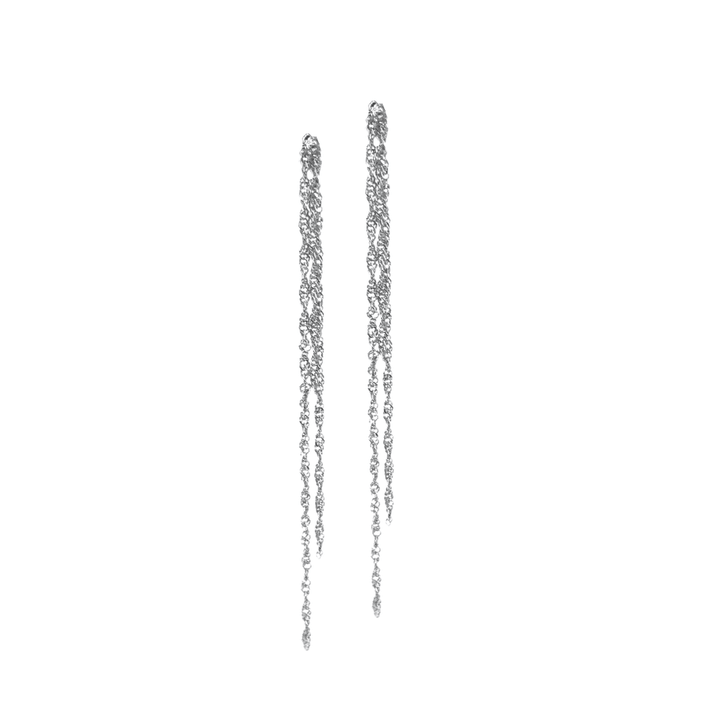 Aqua Dulce Singapore Earrings in silver, long and elegant chain earrings on a white background. Model 5715-5715-1