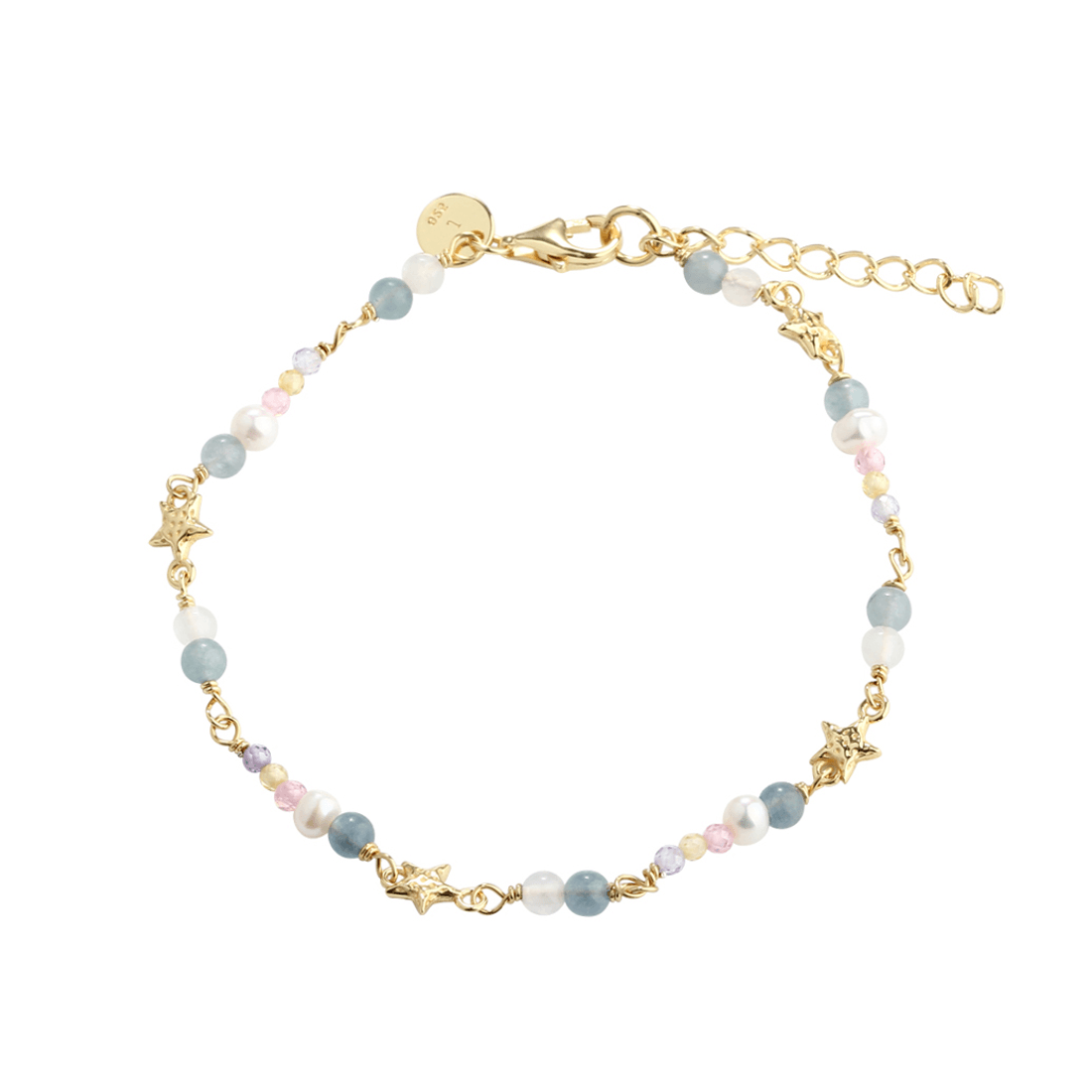 Aqua Dulce Stella Bracelet in gold-plated silver with blue, white and light pearls and star links. Model 6170-1.