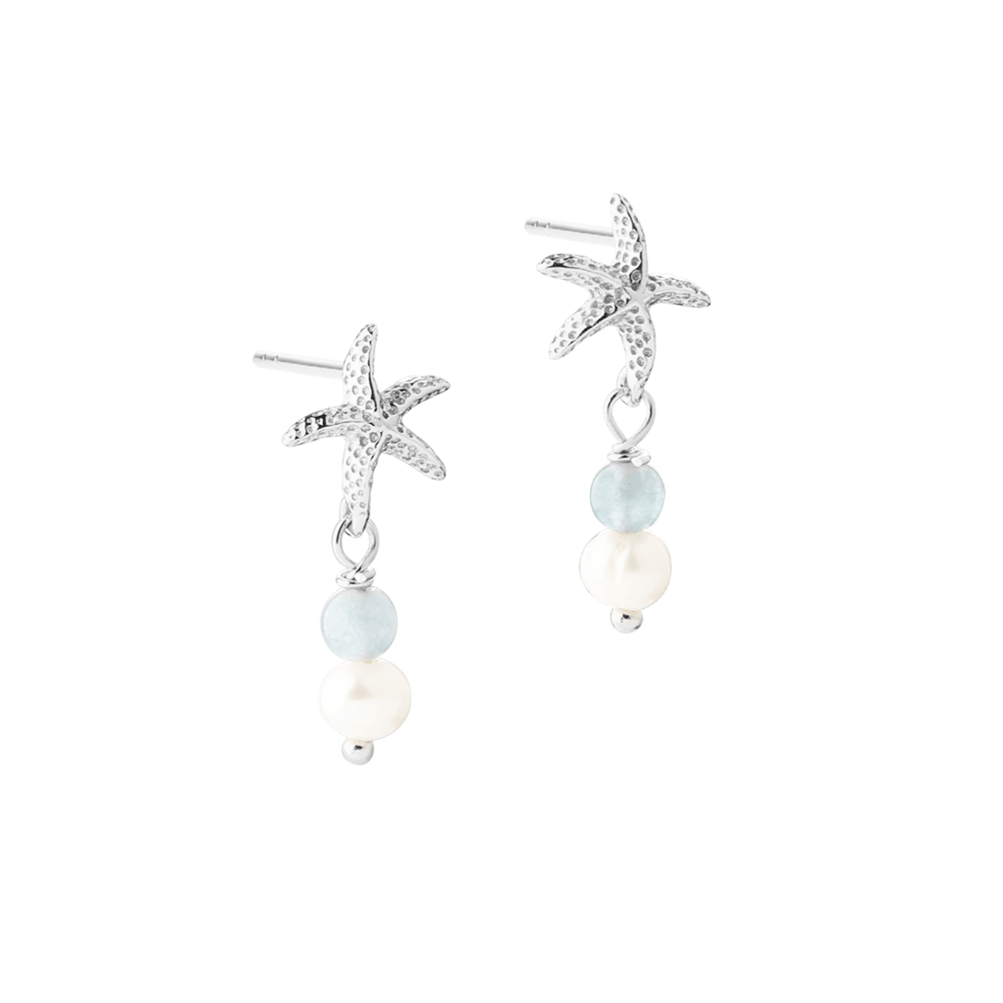 Aqua Dulce Stella Blue earrings in silver with starfish, blue stone and pearl. Model 6161-1.
