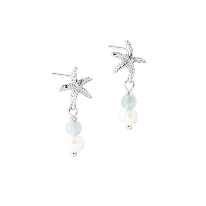 Aqua Dulce Stella Blue earrings in silver with starfish, blue stone and pearl. Model 6161-1.