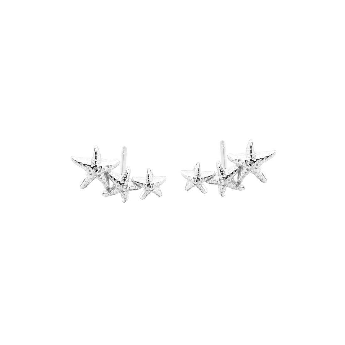 Aqua Dulce Stella Up Stud Earrings in Silver shows star shaped silver earrings with a textured surface. Model 6155-1