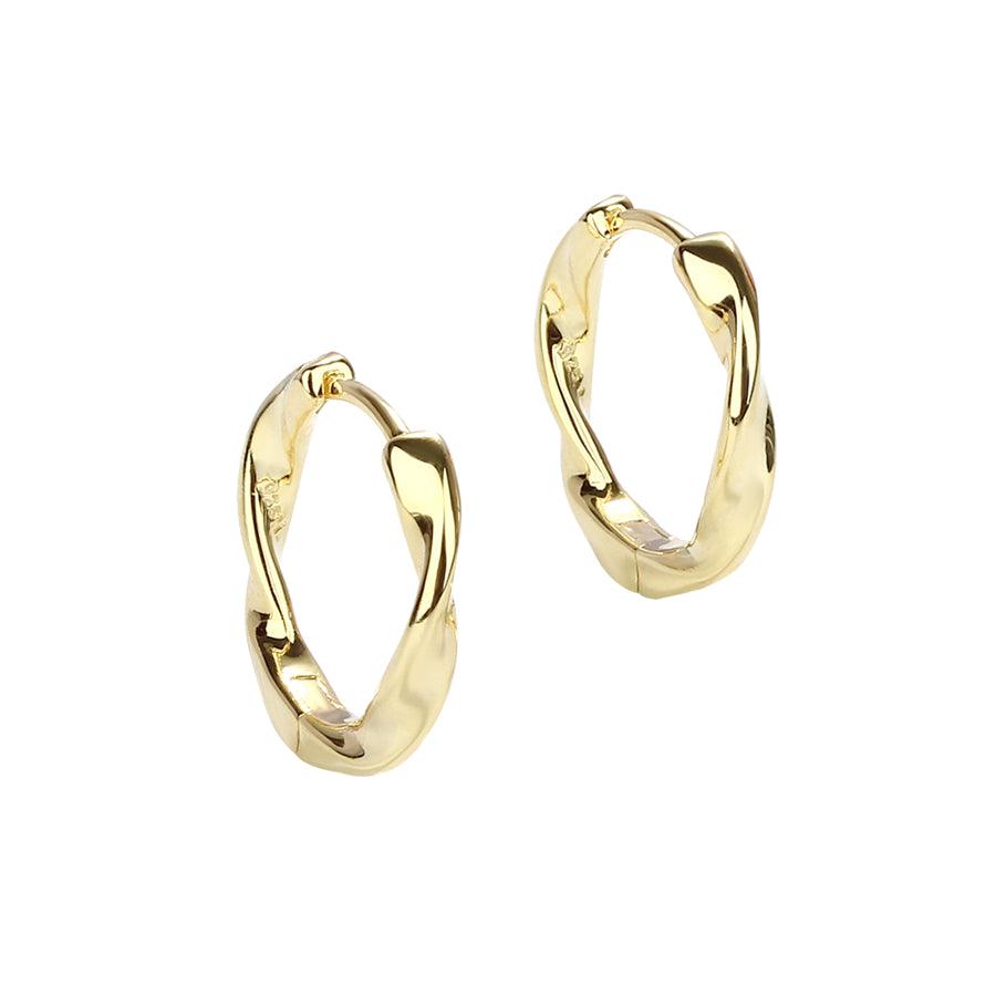 Aqua Dulce Twirl Hoop Gold Plated 20mm shows elegant, twisted gold colored hoops with a glossy surface. Model 5637-1.