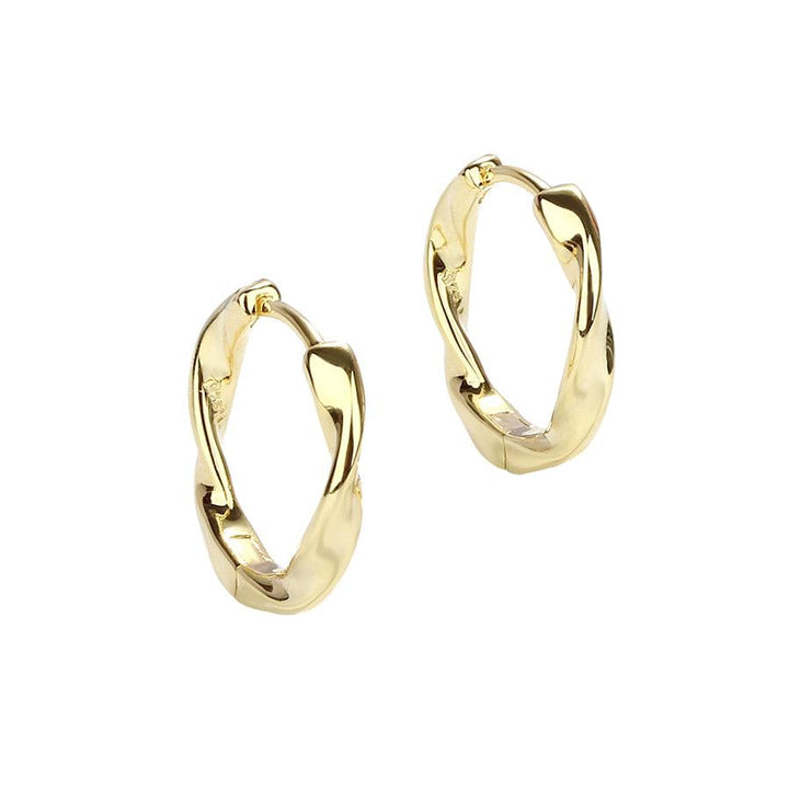 Aqua Dulce Twirl Hoop Gold Plated 20mm shows elegant, twisted gold colored hoops with a glossy surface. Model 5637-1.