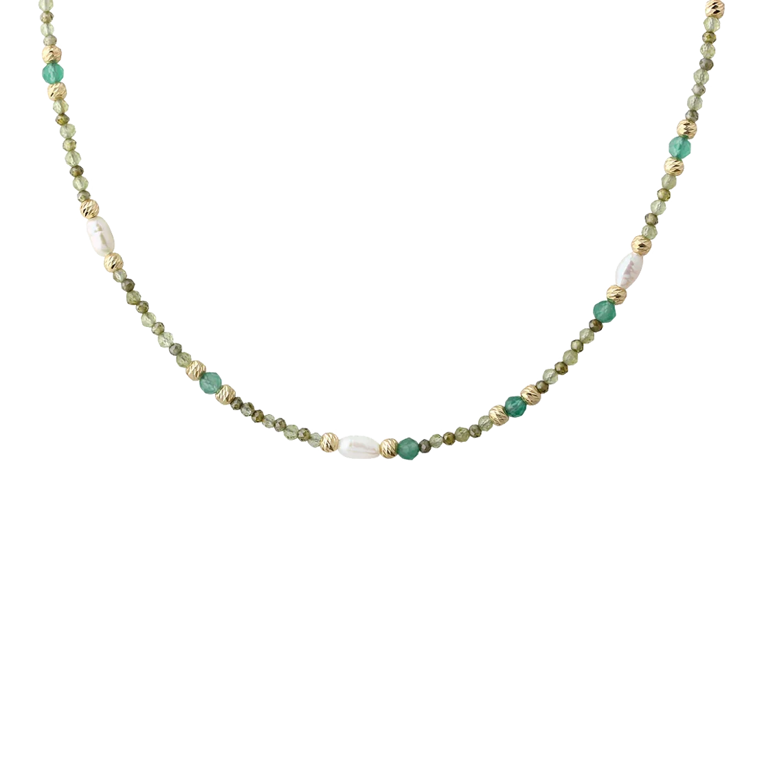 Aqua Dulce Verde Simple Necklace in gold-plated with green pearls, golden details and white freshwater pearls. Model 6707-1