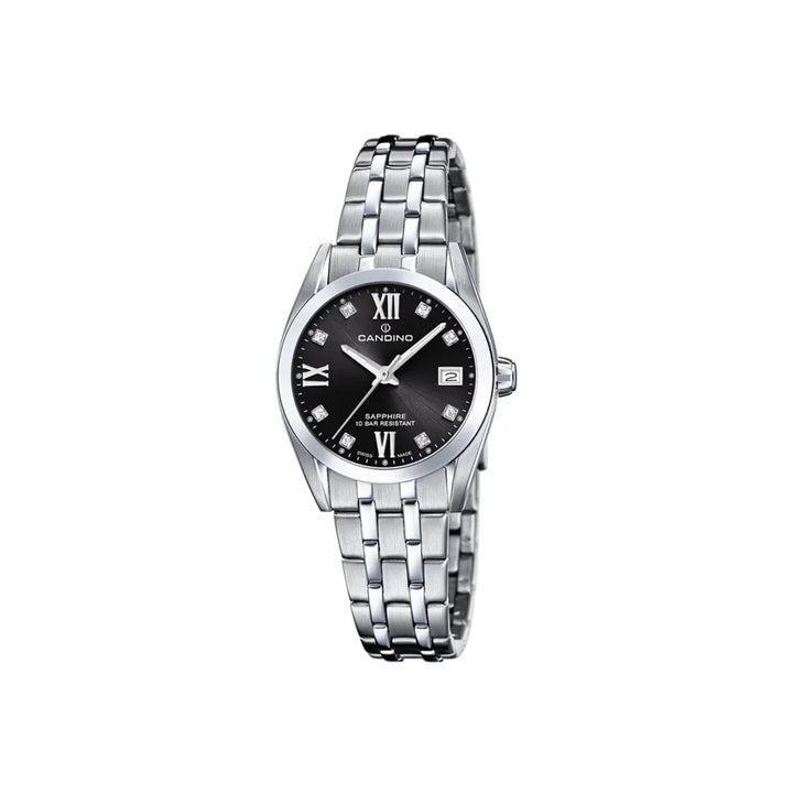 Candino Women's Watch C4703C shows elegant silver watch with black dial and date, Model C4703C-1.