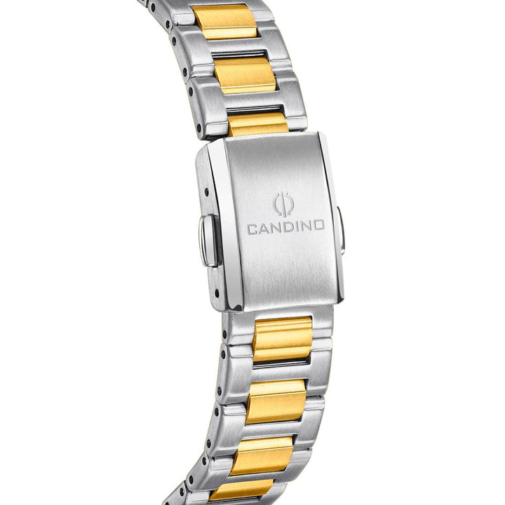 Candino Women's Watch C47521 shows detail of watch strap in steel and gold look, close to clasp. Model C47521