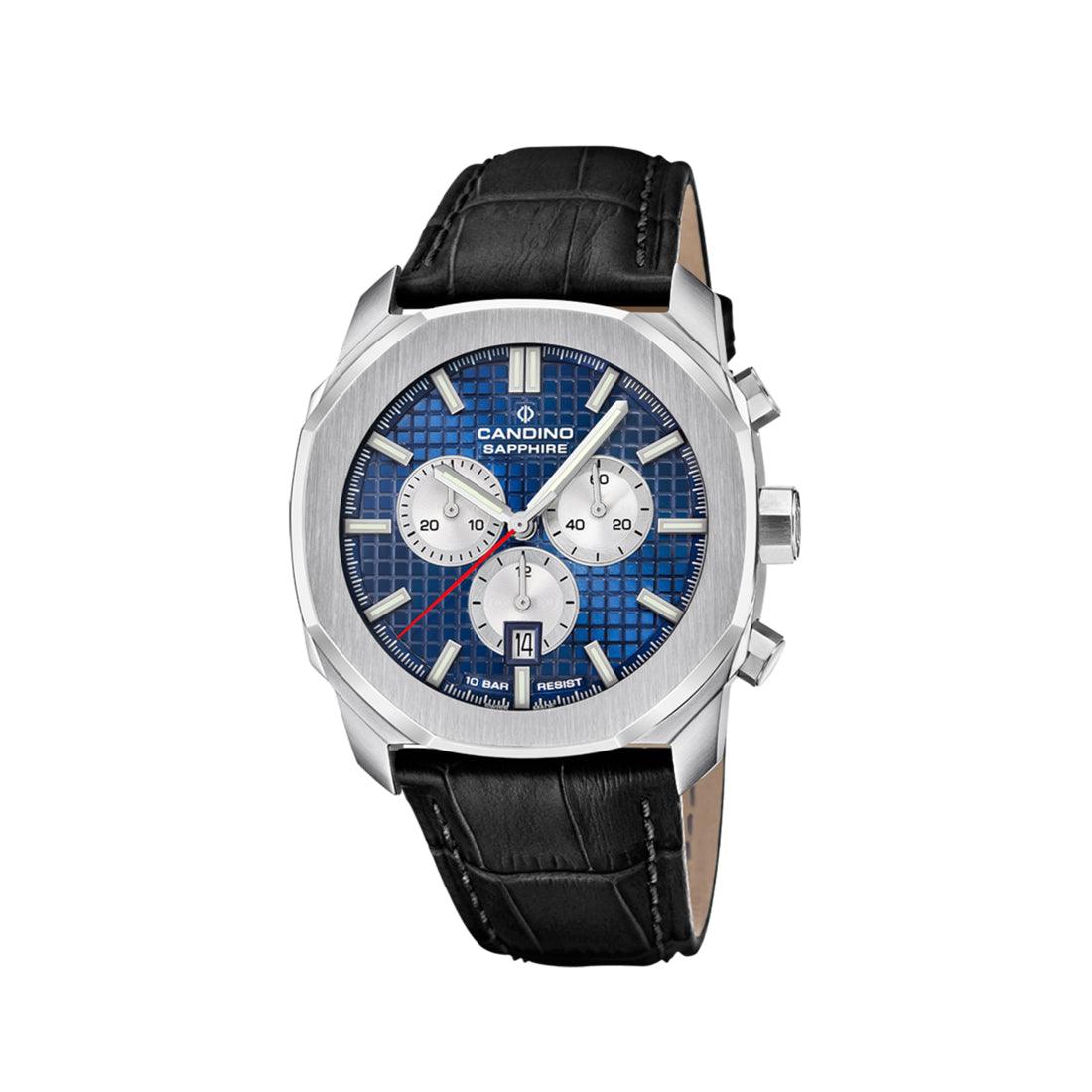 Candino men's watch Gents Sport Chronograph with blue dial, silver details and black leather strap. Model C47471.