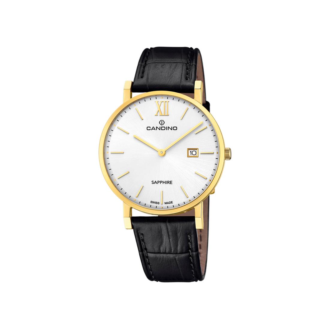 Candino Men's Watch Gold Double C4726/1 with white dial, gold-coloured case and black leather strap. Model C4726/1