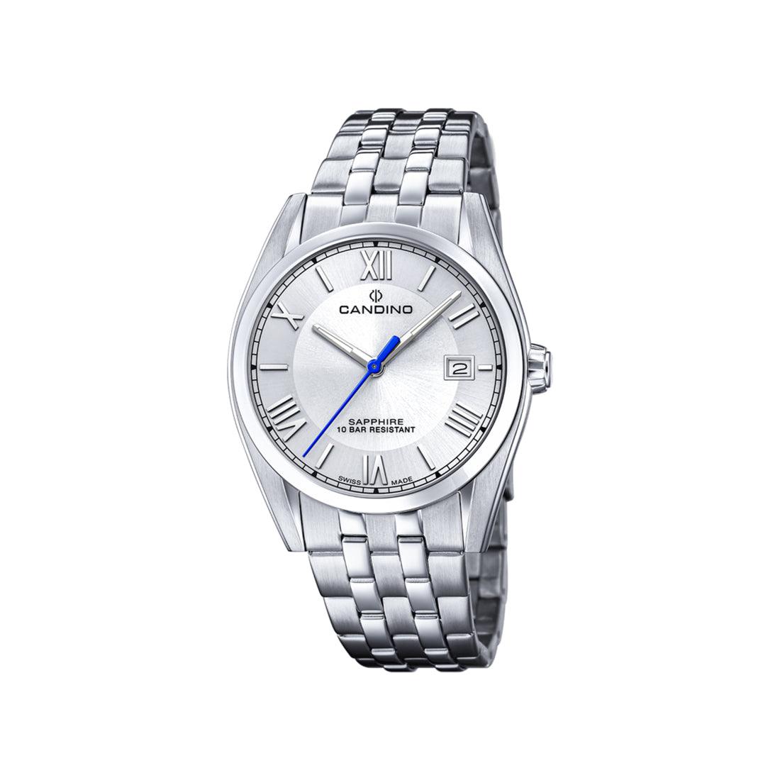 Candino men's watch steel gray dial with date, silver bracelet and Roman numerals. Model C4701A-C4701A-1