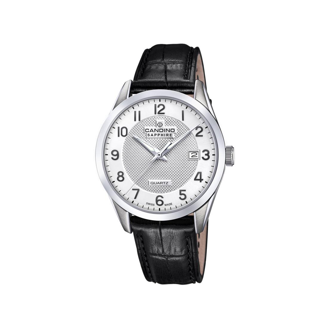 Candino men's watch steel black leather strap, classic dial with date and silver edge. Model C4710/A-C4710A-1