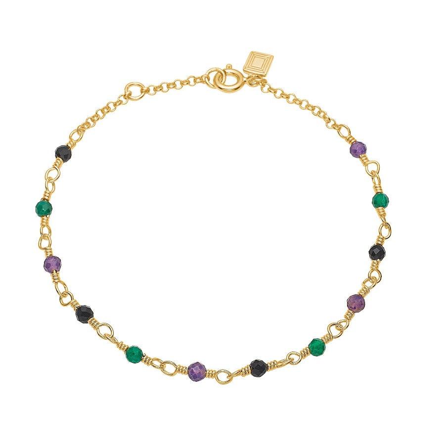 Carre bracelet with mix stones in green, purple and black on fine gold chain, Model FB4456GRAMBA-1