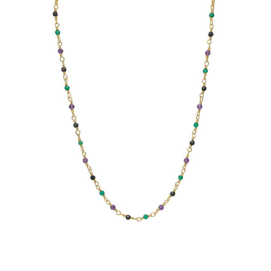 Carre necklace with mix stones in green, purple and black on a gold chain. Model fc4456gramba-1