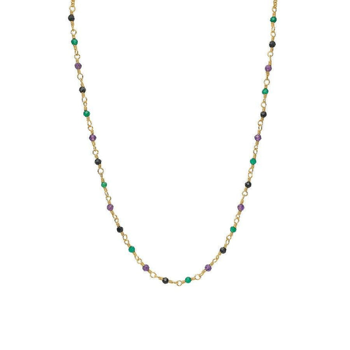 Carre necklace with mix stones in green, purple and black on a gold chain. Model fc4456gramba-1