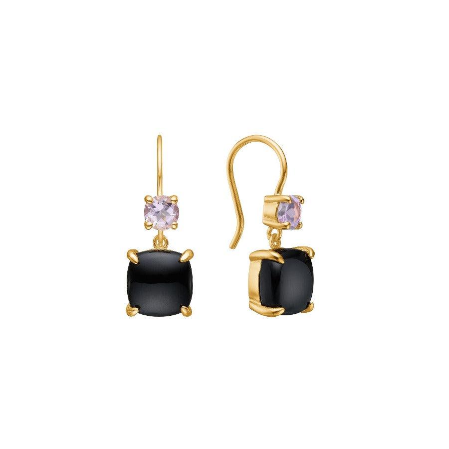Carre earrings with black agate and amethyst, shown as a set in a gold-plated look. Model FH4485BAAM