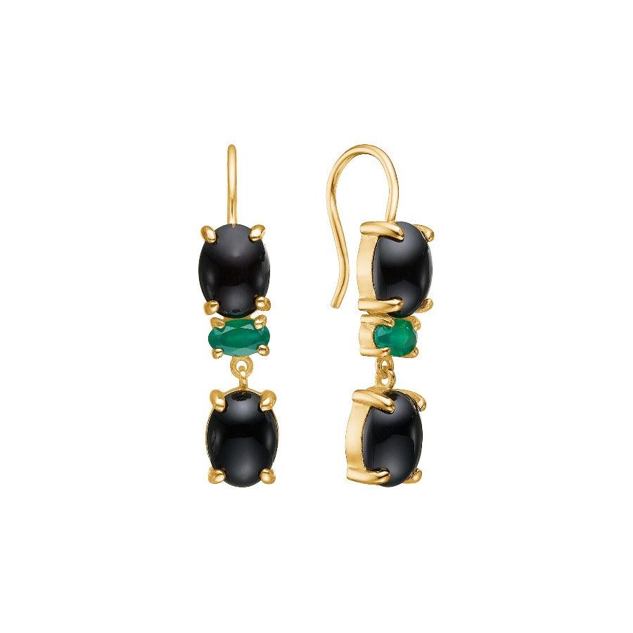 carre-earrings-with-black-agat-and-green-agat-fh4452b agrba beautiful earrings with black and green gemstones in a gold setting. Model fh4452bagrba