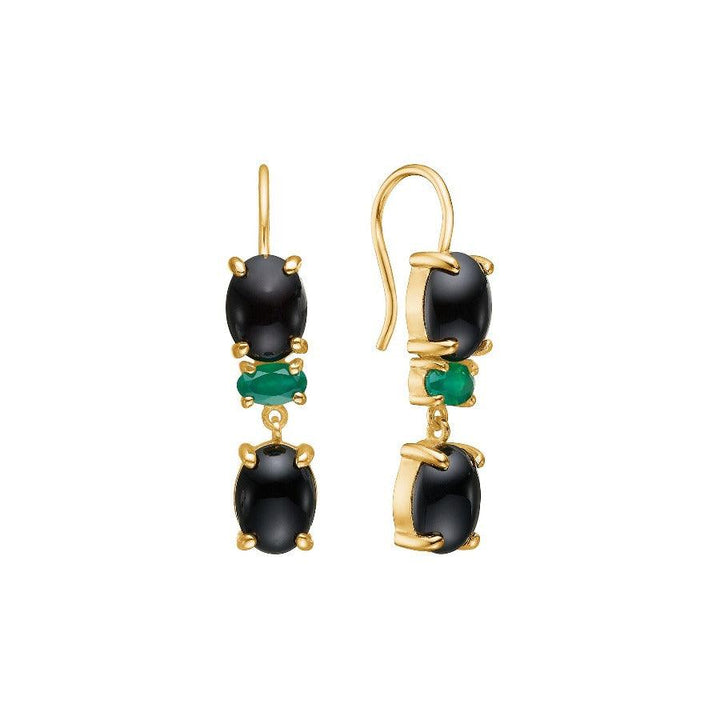carre-earrings-with-black-agat-and-green-agat-fh4452b agrba beautiful earrings with black and green gemstones in a gold setting. Model fh4452bagrba