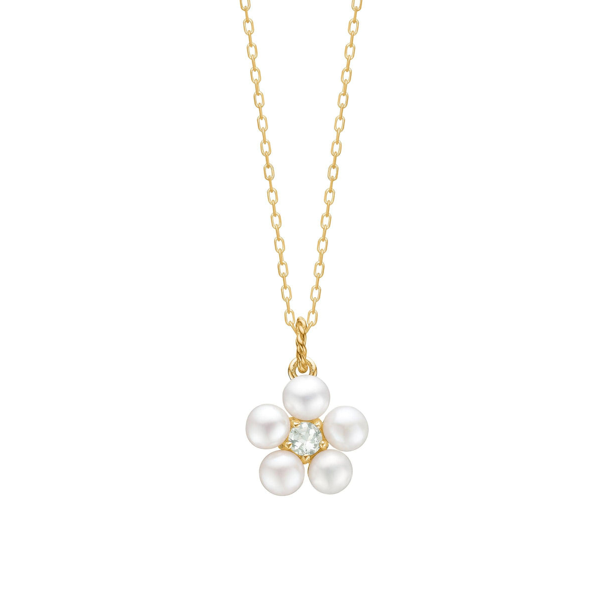 carre-pendant-with-pearl-and-prasiolite in gold-colored chain, flower-shaped pendant with pearls and green prasiolite. Model FL4460PRSBI
