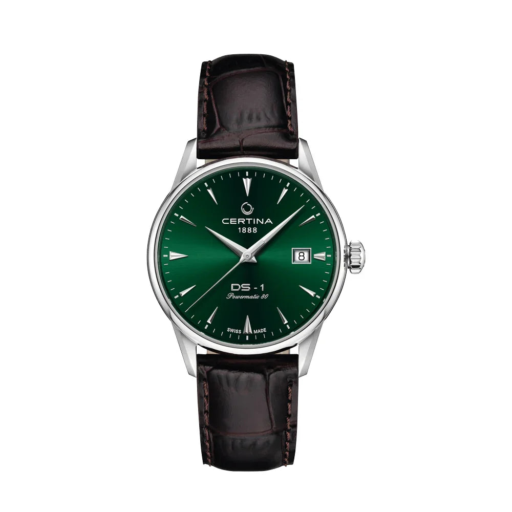 Certina DS-1 38mm with green dial, silver case and brown leather strap. Model C0292071609100