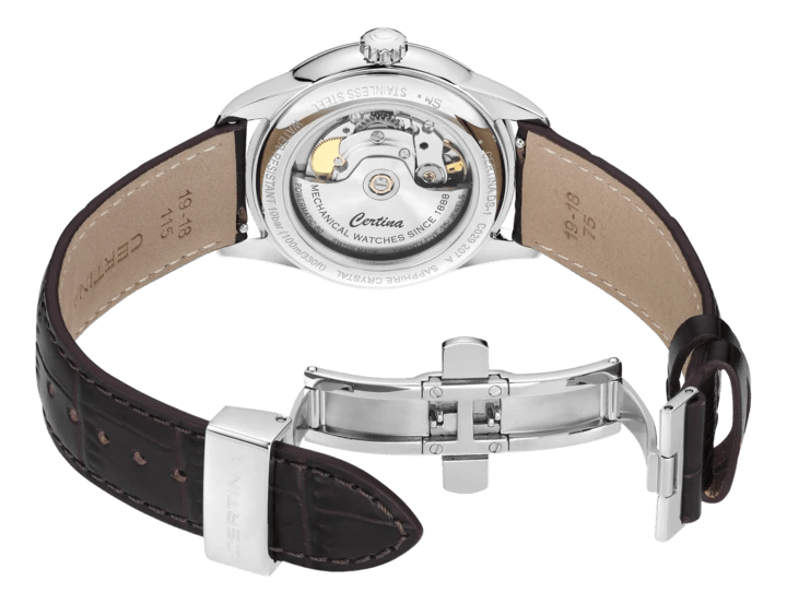 Certina DS-1 38mm green dial Powermatic 80 with brown leather strap and transparent case back, Model C0292071609100